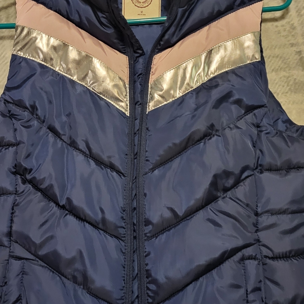 SO Navy Puffer Vest with Pink and Metallic Gold Chevron Trim